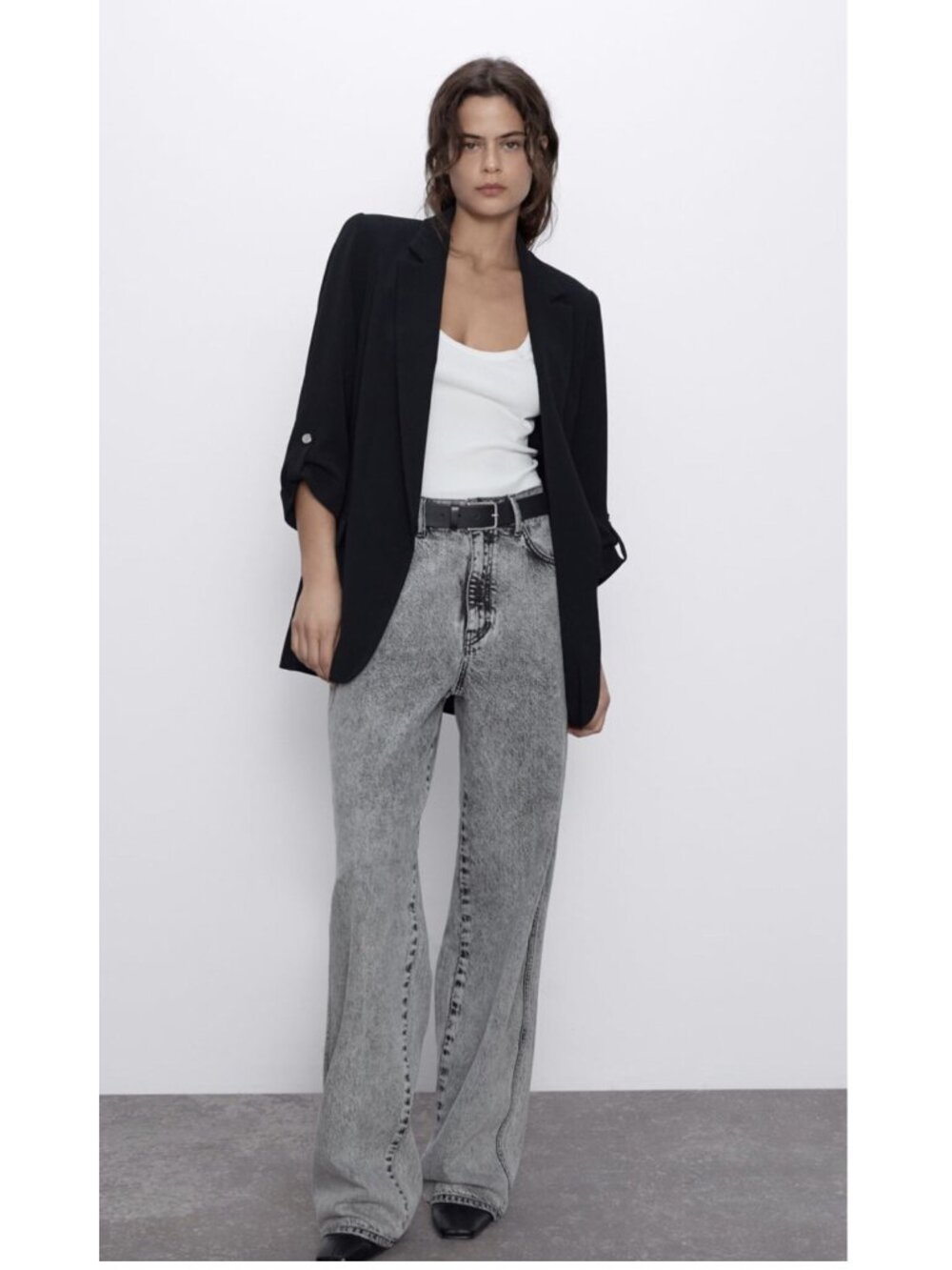ZARA Black Open Front 3/4 Ruched Roll Tab Sleeve Blazer Size S